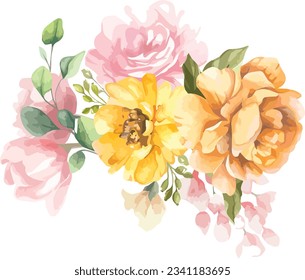 Watercolor floral bouquet illustration set - blush pink blue yellow flower green leaf leaves branches bouquets collection. Wedding stationary, greetings, wallpapers, fashion, background.