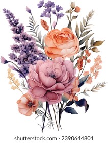 Watercolor floral bouquet illustration set blush pink orange purple flower green leaf leaves branches bouquets collection. Wedding stationery.