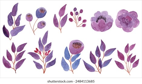 Watercolor floral bouquet illustration set. Watercolor purple flowers and green leaves bouquet. Violet purple flower green leaf branches bouquet collection garden background.