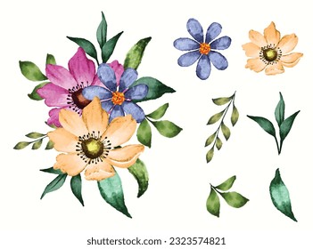 Watercolor floral bouquet with isolated flowers and leaves