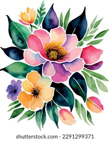 Watercolor floral bouquet isolated on white background, Watercolor flower collection