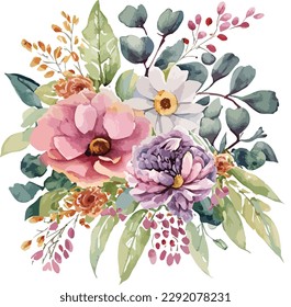 Watercolor floral bouquet isolated on white background, Watercolor flower collection
