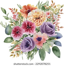 Watercolor floral bouquet isolated on white background, Watercolor flower collection
