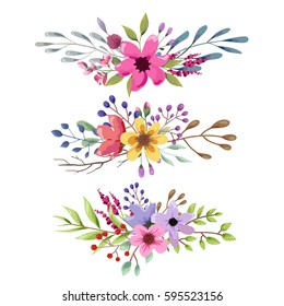 Watercolor floral bouquet with leaves and flowers. Wedding, romantic collection. Spring or summer design for invitation or greeting cards. 