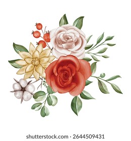 Watercolor Floral Bouquet:  Red Rose, Cream Rose, and Golden Dahlia with Berries and Cotton