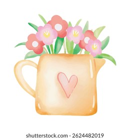 Watercolor floral bouquet in a yellow pitcher with a heart in isolated background