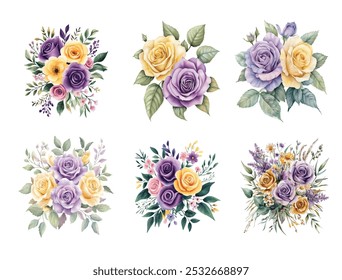 Watercolor Floral Bouquets, Assorted Roses and Wildflowers in Pastel Colors