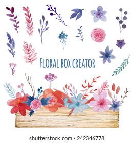 Watercolor floral box creator. Set of hand drawn wood box, plants, berries and flowers for design various combinations and posies.