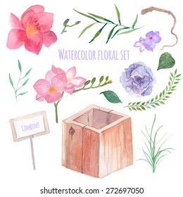 Watercolor floral box creator. Set of hand drawn wood box, plants, leaves and flowers for design various combinations and posies. Vector illustrations