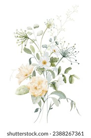 Blumenbestandteile in Aquarellfarben. Botanische Sammlung mit floralen und grünen Blättern auf weißem Hintergrund, geeignet für Hochzeitseinladung, speichern Sie das Datum, danke, oder Grußkarte.