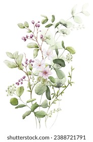 Watercolor floral branch elements. Collection botanical with flower and green leaves on white background suitable for Wedding Invitation, save the date, thank you, or greeting card.