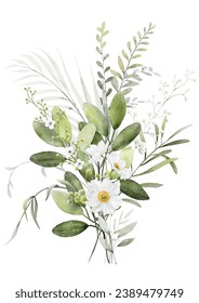 Watercolor floral branch elements. Collection botanical with flower and green leaves on white background suitable for Wedding Invitation, save the date, thank you, or greeting card.