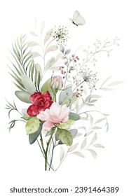 Watercolor floral branch elements. Collection botanical with flower and green leaves on white background suitable for Wedding Invitation, save the date, thank you, or greeting card.