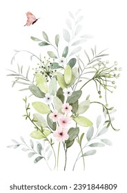 Watercolor floral branch elements. Collection botanical with flower and green leaves on white background suitable for Wedding Invitation, save the date, thank you, or greeting card.