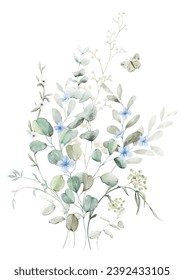Watercolor floral branch elements. Collection botanical with flower and green leaves on white background suitable for Wedding Invitation, save the date, thank you, or greeting card.