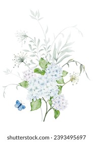 Watercolor floral branch elements. Collection botanical with flower and green leaves on white background suitable for Wedding Invitation, save the date, thank you, or greeting card.