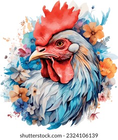Watercolor floral chicken illustration hen vector, roosters image painting bright colorful drawing. orange, red, brown, multi-color Collection, poultry chicken bird in the village. Capon, Cock