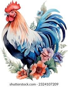 Watercolor floral chicken illustration hen vector, roosters image painting bright colorful drawing. orange, red, brown, multi-color Collection, poultry chicken bird in the village. Capon, Cock