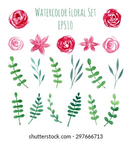 Watercolor floral collection with leaves, branches and flowers. Spring or summer design elements for invitation, wedding or greeting cards. Vector illustration EPS10.