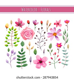 Watercolor floral collection with leaves and flowers. Wedding, romantic collection.Spring or summer design for invitation, wedding or greeting cards. Vector illustration