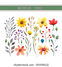 Watercolor floral collection with leaves and flowers. Wedding, romantic collection.Spring or summer design for invitation, wedding or greeting cards. Vector illustration