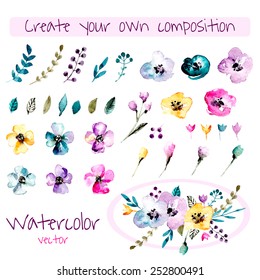 Watercolor floral composition creator. Set of hand drawn  plants, berries, leaves and flowers for design various combinations. You can create your own compositions using elements.