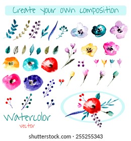 Watercolor floral composition creator. Set of hand drawn plants, berries, leaves and flowers for design various combinations. You can create your own compositions using elements. 