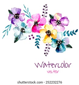 Watercolor floral composition. Romantic set of hand drawn plants, berries and flowers for design. Vector background for invitation, wedding and greeting cards. 