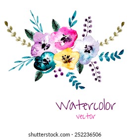 Watercolor floral composition. Romantic set of hand drawn plants, berries and flowers for design. Vector background for invitation, wedding and greeting cards. 