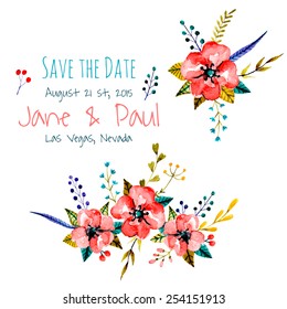 Watercolor floral composition. Romantic set of hand drawn plants, berries and flowers for design. Vector background for invitation, wedding and greeting cards. 