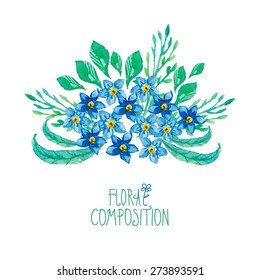 Watercolor floral composition. Romantic set of hand drawn plants and flowers for design. Vector background for invitation, wedding and greeting cards.