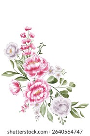 Watercolor Floral Corner Bouquet: Pink Peonies, White Roses, Greenery