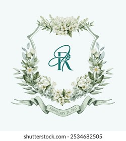 Watercolor floral crest design with soft greenery and white flowers an intertwined A and R monogram in dark green, complemented by a ribbon at the bottom. Vector Illustration