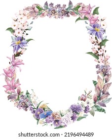 Watercolor floral crest logo for wedding. Floral wreath logo.