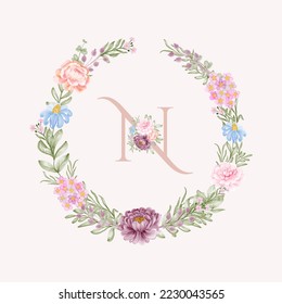 Watercolor floral crest. N initial lettering wedding crest monogram with floral vibe vector illustration