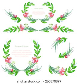 Watercolor floral design elements with green leaves and berries. Brushes, borders, wreath,garland. Vector