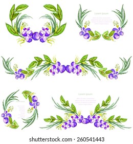 Watercolor floral design elements with green leaves and blueberries. Brushes, borders, wreath,garland. Vector 