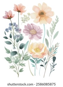 Watercolor floral design, featuring a bouquet of delicate flowers in soft pastel hues.