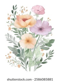 Watercolor floral design, featuring a bouquet of delicate flowers in soft pastel hues.