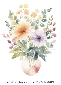 Watercolor floral design, featuring a bouquet of delicate flowers in soft pastel hues.