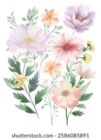 Watercolor floral design, featuring a bouquet of delicate flowers in soft pastel hues.