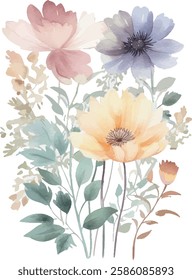 Watercolor floral design, featuring a bouquet of delicate flowers in soft pastel hues.