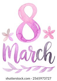 Watercolor floral design, March 8, International Women's Day, vibrant purple tones, feminine style, celebratory theme.