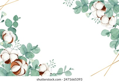 Watercolor floral with dried cotton flowers and eucalyptus leaves background