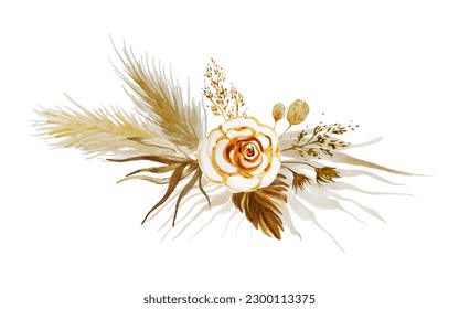Watercolor floral dried tropical palm leaves, dry pampas grass, rose.
Isolated collection for Save the Date, baby shower invitation cards, wedding wreath, bouquet frames, decoration design elements