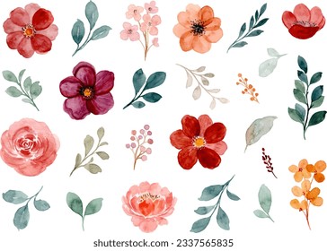 Watercolor floral element collection for background, wedding, fabric, textile, greeting, card, wallpaper, banner, sticker, decoration etc.