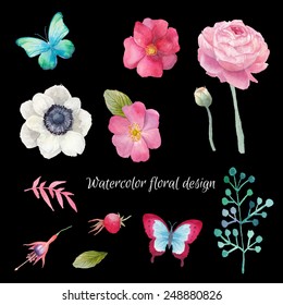 Watercolor floral elements set with butterfly and berries. Vintage leaves, rose hip, branches, anemone, ranunculus. Vector hand drawn design illustrations