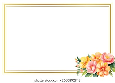 Watercolor floral frame background. A frame with flowers and a gold border. The background is white and the flowers are yellow, pink, and orange