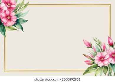 Watercolor floral frame background. A frame with flowers and a gold border. The background is light beige and the flowers are pink