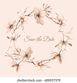 Watercolor floral frame. Beautiful flower wreath  on soft background. Wedding invitation card